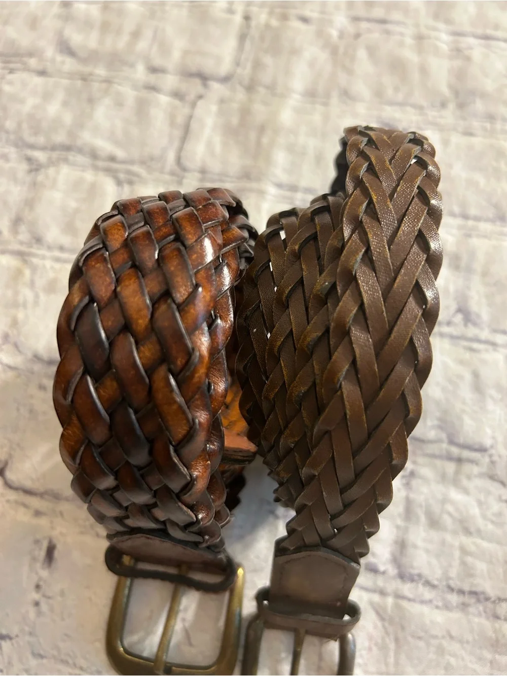 VINTAGE LOT OF (2) BROWN LEATHER BRAIDED BRASS BUCKLE MENS BELTS SIZE VTG 40
